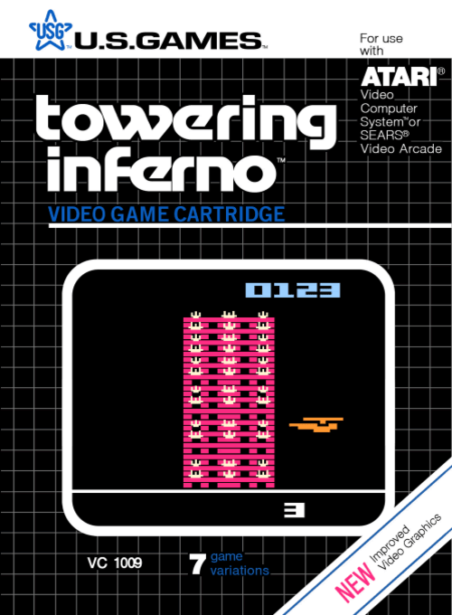 Towering Inferno box art for Atari 2600